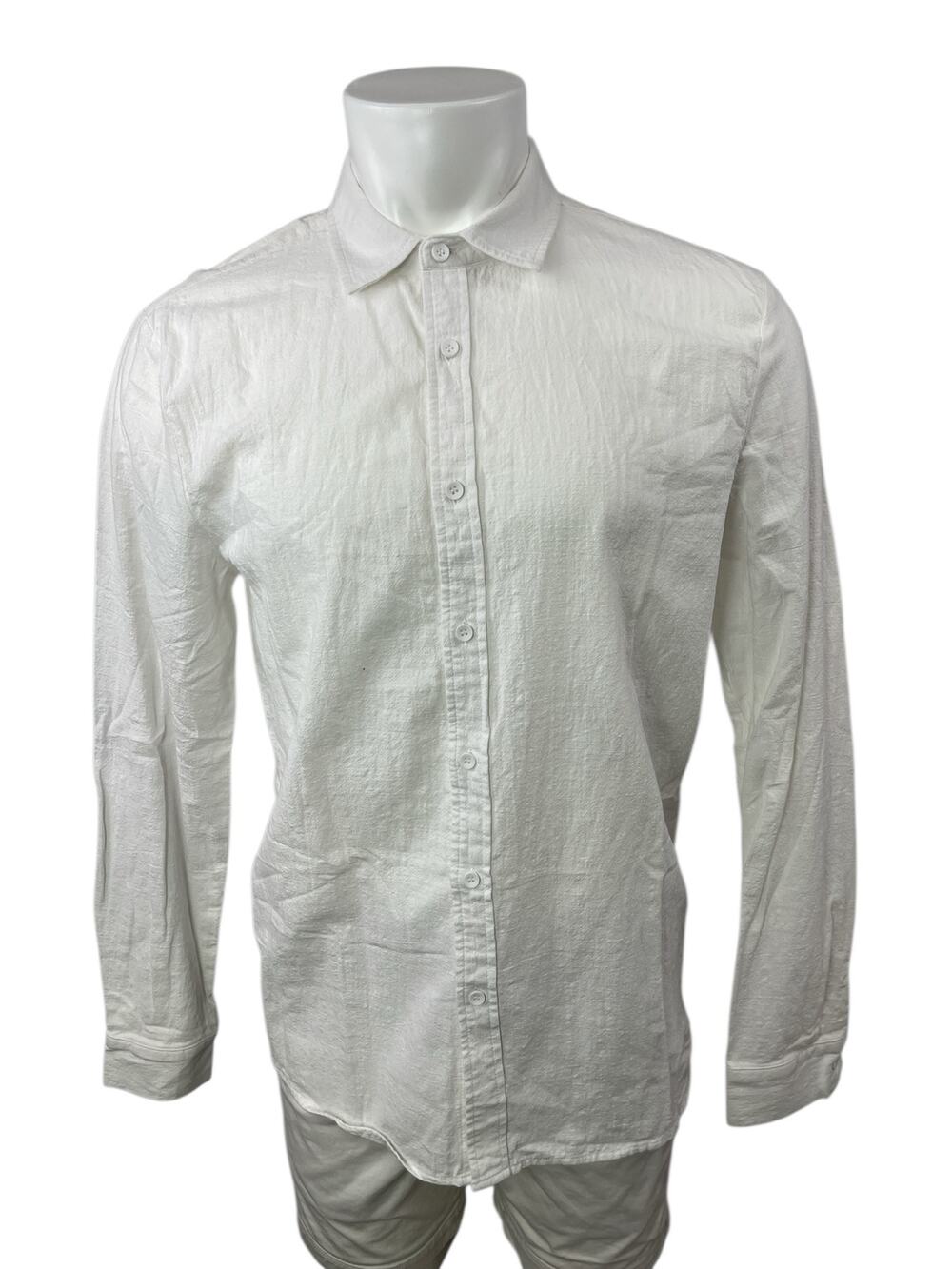 Apraw Men's White Linen Collared Long Sleeve Button Down Dress Shirt Top Size M